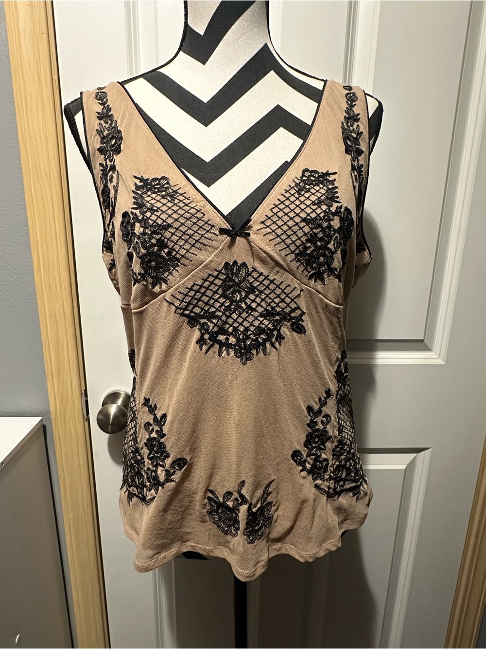 Sleeveless Embroidered V-Neck Tank Top - Beige with Black Lace Detail